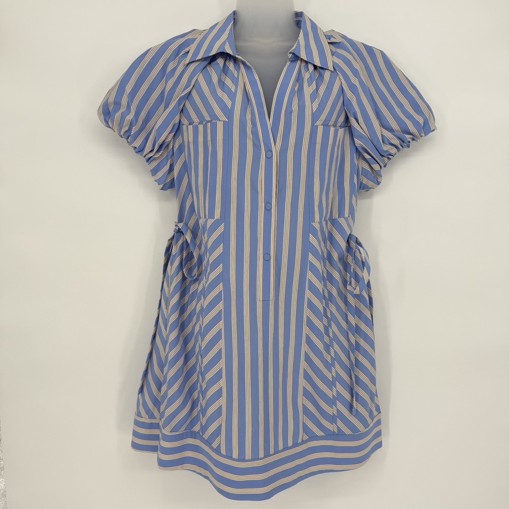 3.1 Phillip Lim Sz 2 Collared Puff Sleeve‎ Short Shirt Dress Striped Side Ties - Picture 2 of 7